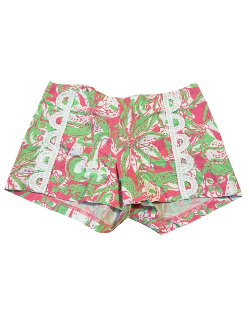 Lilly Pulitzer High-Waist Floral Shorts in Pink & Green with White Lace